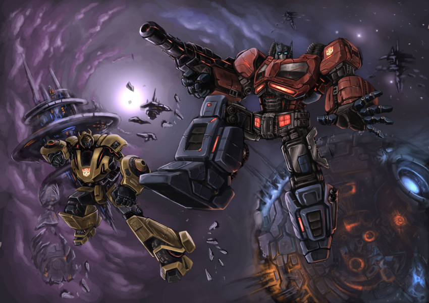 autobot, bumblebee, cybertron, glowing, gun, highres, mecha, optimus_prime