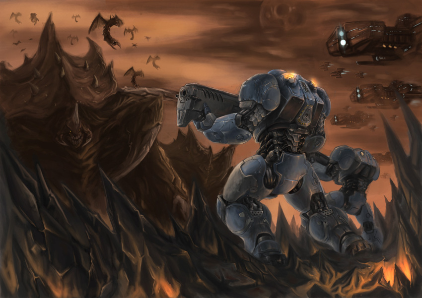 gun, helmet, highres, mutalisk, power_armor, power_suit, starcraft, terran, terran_battlecruiser, terran_marine, terran_wraith, ultralisk, weapon, zerg, zerg_(starcraft), zerg_mutalisk, zerg_ultralisk