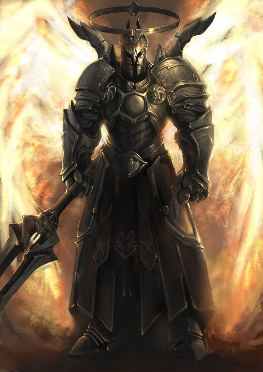 angel, armor, diablo, diablo_3, energy_wings, full_armor, gauntlets, halo, helmet, highres, imperius, knight, solo, sword, weapon, wings