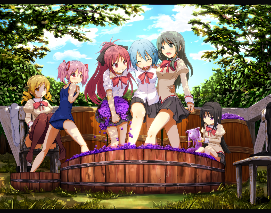 akemi_homura, arm_around_waist, barrel, black_hair, blonde_hair, blue_hair, blue_sky, blush, bow, brown_legwear, chair, closed_eyes, cloud, clouds, drill_hair, eyes_closed, food, fruit, grape_stomping, grapes, grass, green_eyes, green_hair, green_panties, grey_eyes, grin, hair_bow, hairband, hat, juliet_sleeves, kaname_madoka, knees_together_feet_apart, kyubey, letterboxed, long_hair, long_sleeves, magical_girl, mahou_shoujo_madoka_magica, miki_sayaka, multiple_girls, open_mouth, panties, pantyhose, pantyhose_pull, pantyshot, pantyshot_(sitting), passevo, pink_hair, ponytail, puffy_sleeves, purple_eyes, red_eyes, red_hair, redhead, ribbon, sakura_kyouko, school_swimsuit, school_uniform, shirt, shizuki_hitomi, short_hair, sitting, skirt, sky, sleeves_rolled_up, smile, swimsuit, thread, tomoe_mami, tree, twin_drills, twintails, underwear, undressing, violet_eyes, wet, yellow_eyes, yellow_panties