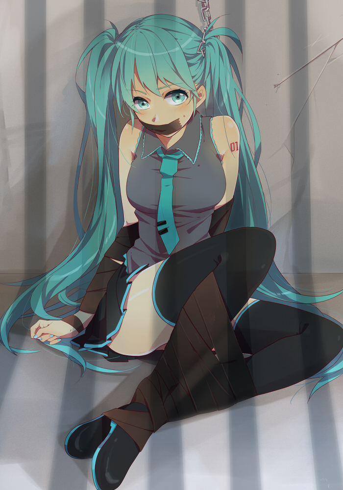 aqua_eyes, aqua_hair, bdsm, bondage, bound_arms, bound_legs, chain, chains, gag, gagged, hatsune_miku, karuha, long_hair, looking_at_viewer, sitting, skirt, solo, tape, tape_bondage, tape_gag, tapegag, thigh-highs, thighhighs, twintails, very_long_hair, vocaloid