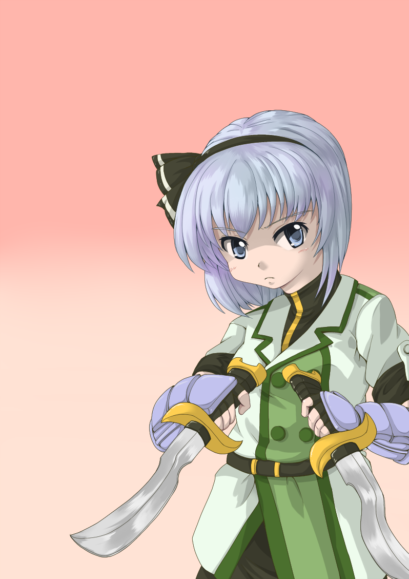 aqua_eyes, arm_guards, dog_days, dual_wielding, eclair_martinozzi, eclair_martinozzi_(cosplay), headband, jacket, konpaku_youmu, memento_mori_(pixiv), ribbon, short_hair, short_swod, short_sword, silver_hair, simple_background, sword, touhou, weapon