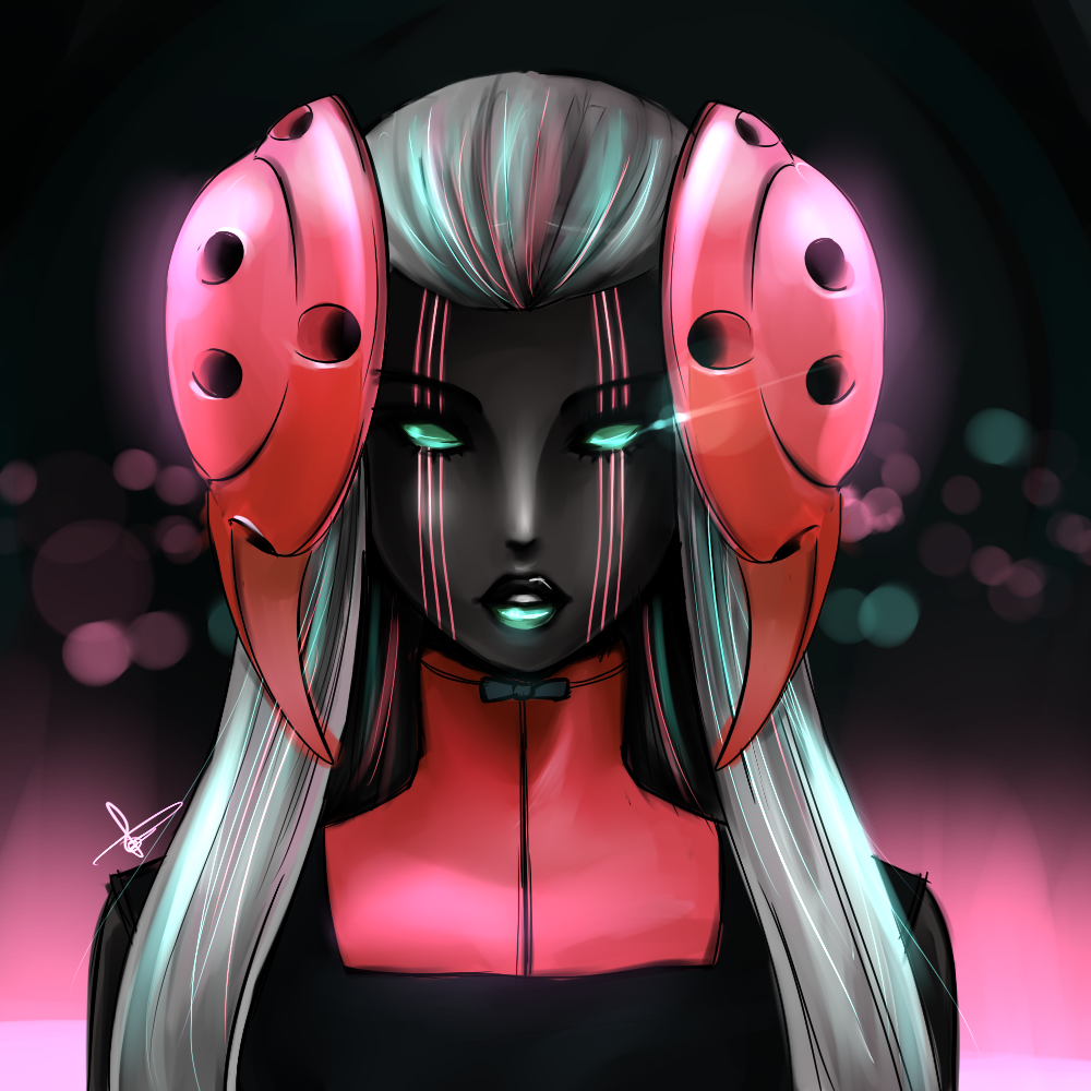 black_lipstick, black_skin, bust, demon_girl, devil_summoner, green_eyes, green_lipstick, hair_ornament