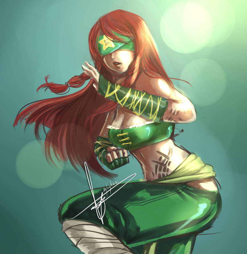 bare_shoulders, blindfold, braid, breasts, cleavage, cosplay, dated, fighting_stance