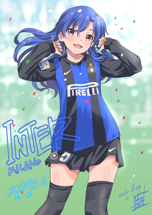 black_legwear, blue_hair, confetti, dated, fc_internazionale_milano, flat_chest, hair_flip, idolmaster, inoue_sora, kisaragi_chihaya, long_hair, long_sleeves, nike, purple_eyes, shorts, signature, soccer, soccer_uniform, solo, sweat, thigh-highs, thighhighs, violet_eyes