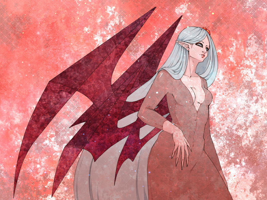 blue_eyes, demon_girl, demon_wings, dizmathik, fingernails, hair_bobbles, hair_ornament, lipstick