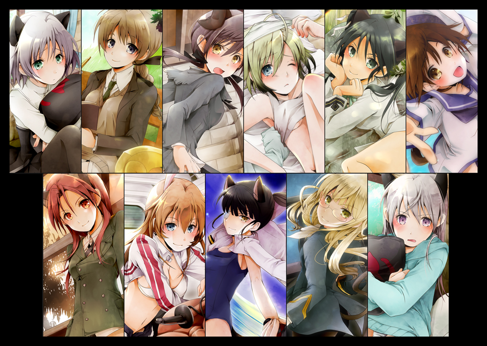 6+girls, animal_ears, black_hair, blonde_hair, blue_eyes, blush, breasts, brown_hair