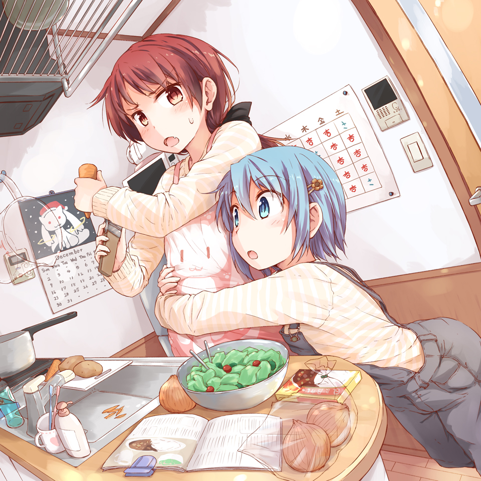 :o, alternate_hairstyle, apron, arms_around_waist, blue_eyes, blue_hair, blush, bottle, bowl, calendar, carrot, cooking, cup, door, dutch_angle, fang, hair_ornament, hairclip, hat, holding, hug, kyubey, long_hair, mahou_shoujo_madoka_magica, measuring_cup, miki_sayaka, mug, multiple_girls, onion, open_mouth, overalls, ponytail, pot, potato, recipe, red_eyes, red_hair, redhead, sakura_kyouko, santa_hat, short_hair, sink, striped, sweatdrop, tatsuno_ryou, toothbrush, yuri