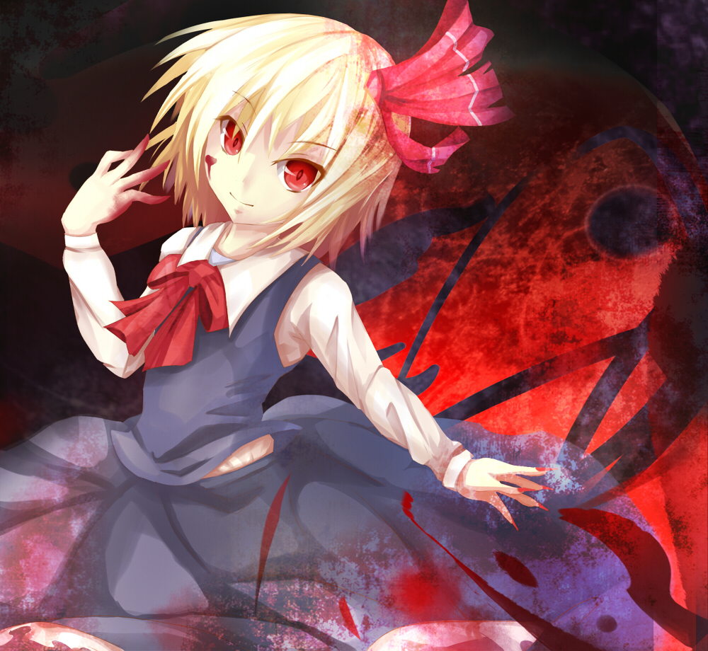 blonde_hair, blood, blood_on_face, blood_on_hair, hair_ribbon, red_eyes, revision, ribbon