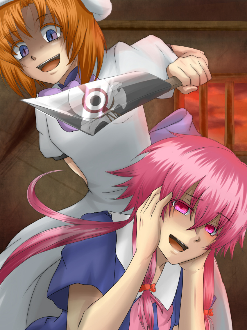 :d, billhook, blue_eyes, cleaver, crazy_eyes, crossover, gasai_yuno, hands_on_own_cheeks