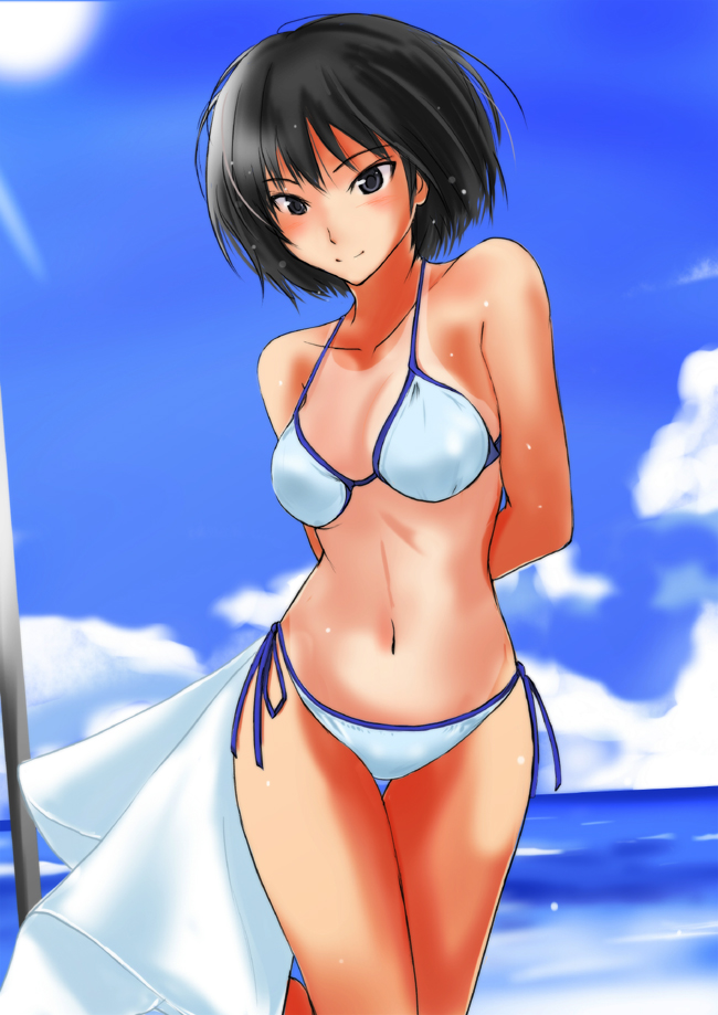 amagami, arm_behind_back, beach, bikini, black_hair, brown_eyes, cloud, murasaki_iro, nanasaki_ai, navel, revision, short_hair, side-tie_bikini, sky, solo, swimsuit, tan, tanline, thigh_gap