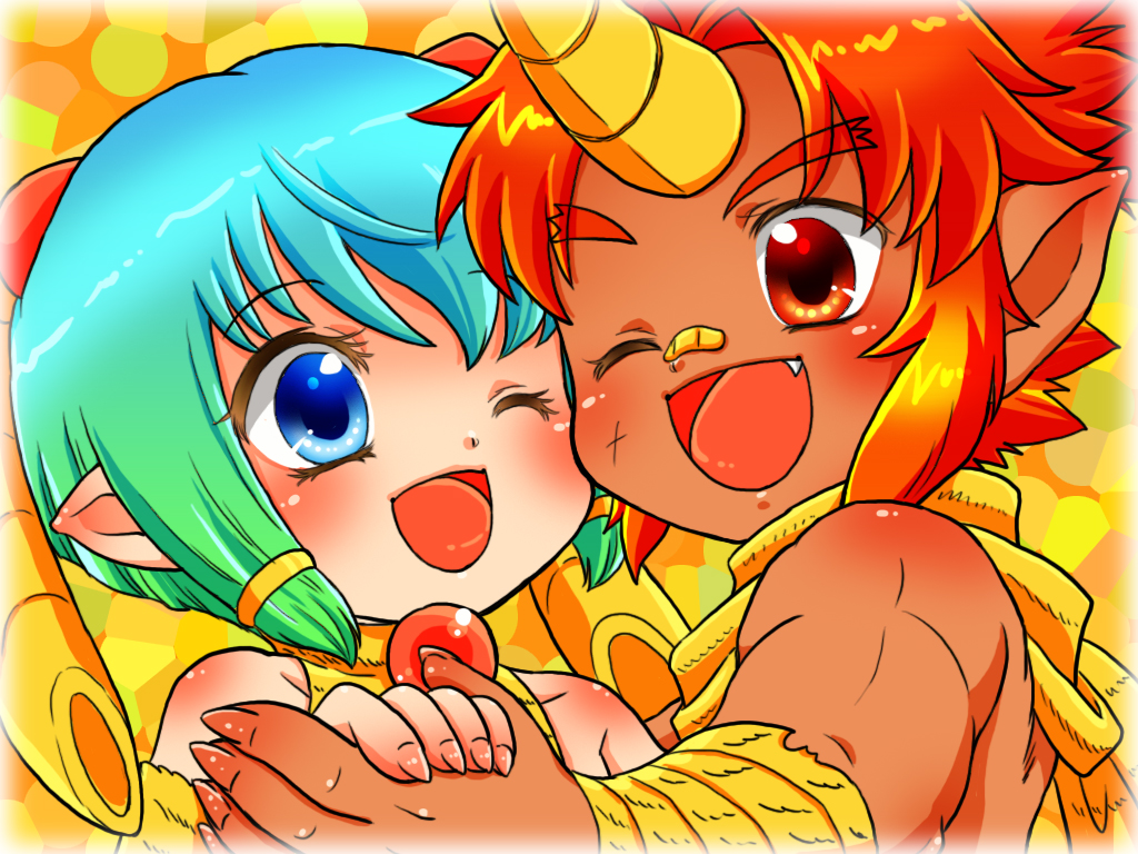 :d, aka_oni_to_ao_oni_no_tango, androgynous, bandaid, blue_eyes, dancing, dark_skin, gradient_hair, green_hair, hand_holding, happy, hinakawa_hiyoko, holding_hands, horn, minna_no_uta_(nhk), multicolored_hair, multiple_boys, open_mouth, personification, pointy_ears, red_eyes, red_hair, redhead, smile, wink