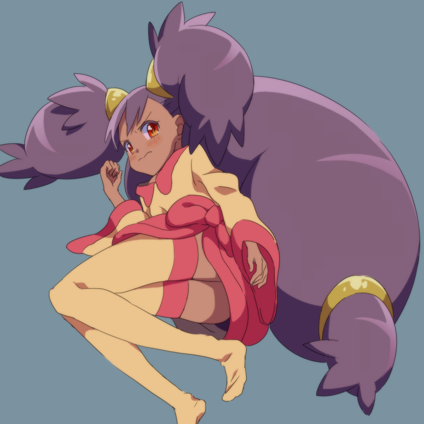 3:, blush, bow, dark_skin, feet, gonyopon, gym_leader, hair_ornament, hairclip, highres, iris_(pokemon), long_hair, lying, no_pants, no_shoes, orange_eyes, pokemon, pokemon_(anime), pokemon_(game), pokemon_bw, ponytail, purple_hair, ribbon, riotto, solo, thigh-highs, thighhighs, twintails, very_long_hair, yellow_legwear