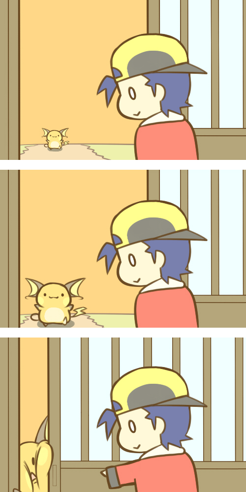 3koma, :>, :3, baseball_cap, blue_hair, cafe_(chuu_no_ouchi), comic, door