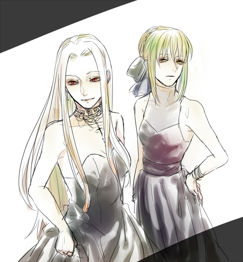 alternate_costume, bare_shoulders, blonde_hair, dress, fate/zero, fate_(series), formal, green_eyes