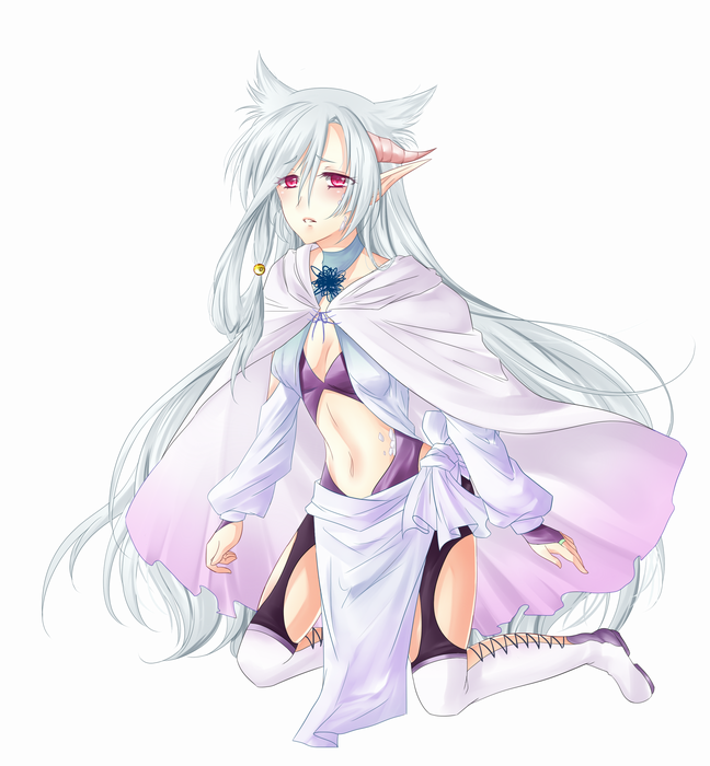 blush, horns, inochi_no_keifu, long_hair, original, pointy_ears, purple_eyes, simple_background, solo, tsukioka_shien, tukioka_sien, very_long_hair, violet_eyes, white_background