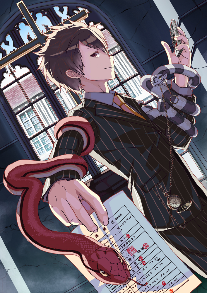 1boy, black_hair, brown_eyes, cellphone, chain, chains, cross, formal