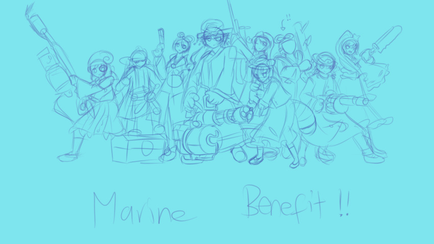 amazu_mio, animal_ears, aqua, blue, blue_hair, crossover, flandre495, gun, hat, long_hair, marine_benefit, multiple_girls, original, parody, ponytail, rifle, saw, shindou_kasumi, short_hair, sketch, sketchy, smile, star, team_fortress_2, the_demoman, the_engineer, the_heavy, the_medic, the_pyro, the_scout, the_sniper, the_soldier, the_spy, touhou, very_long_hair, weapon, yaobi_megumi, yaobi_mikoto