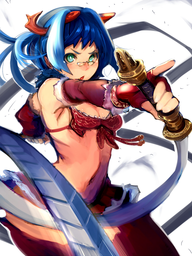 aguhari, blue_hair, glasses, gloves, green_eyes, horns, navel, original