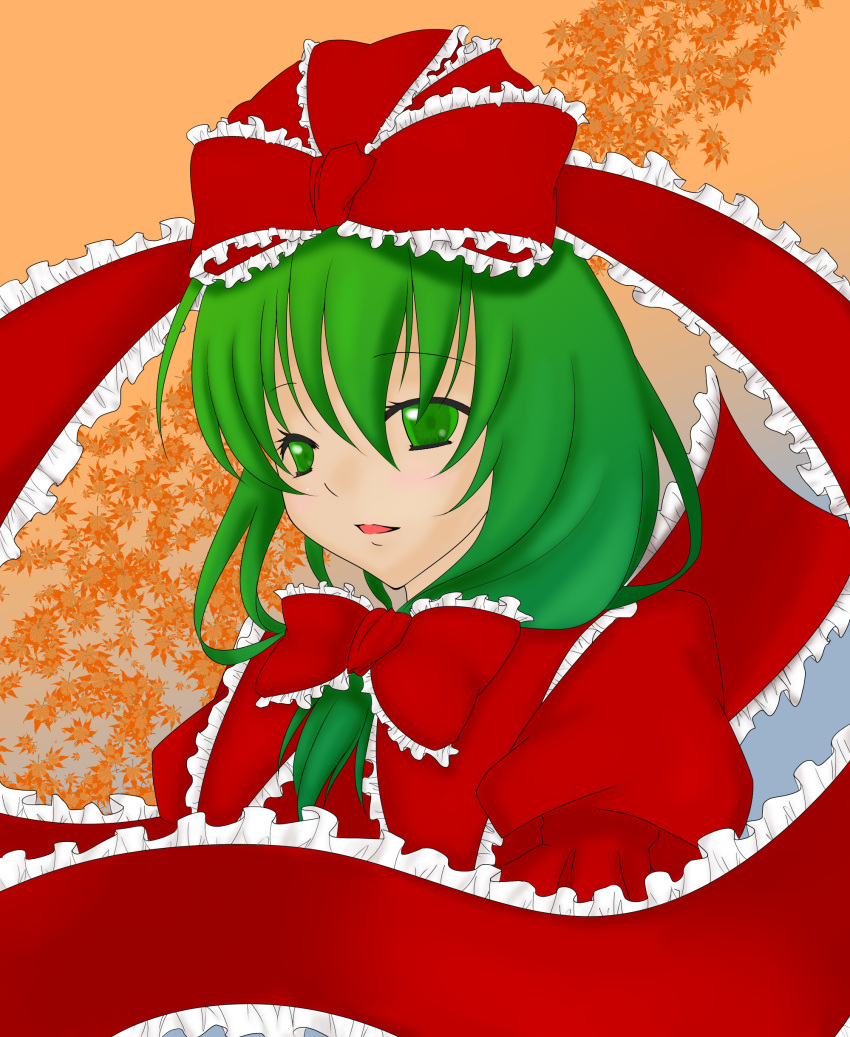 1girl, autumn_leaves, bow, colored, frills, front_ponytail, green_eyes, green_hair
