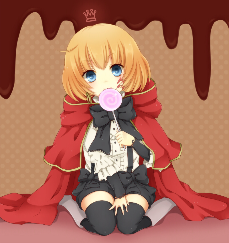 ail, black_legwear, blonde_hair, candy, cape, facial_mark, holding, lily_(pandora_hearts)