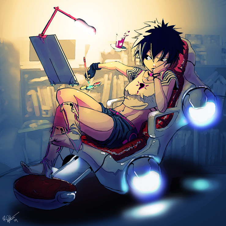 art_brush, barefoot, black_hair, feet, fingerless_gloves, gloves, lejean, midriff, paint, paintbrush, painting, science_fiction, short_hair, shorts, sitting, soles, toe_scrunch, toes