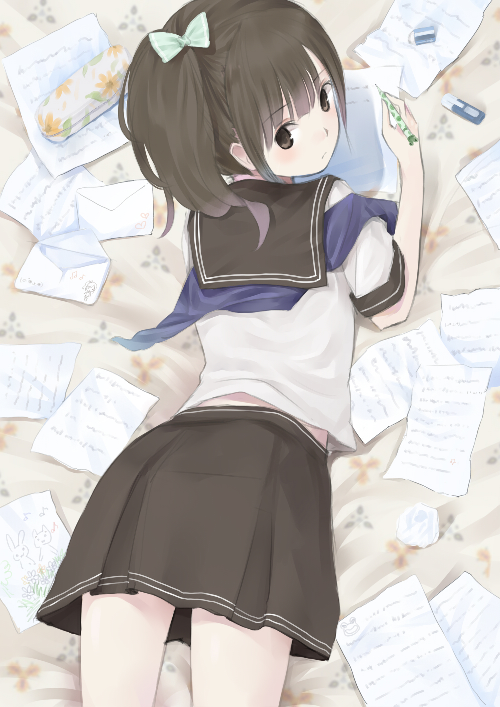 brown_hair, copyright_request, drawing, eraser, highres, looking_back, lying, maigo_(neko)