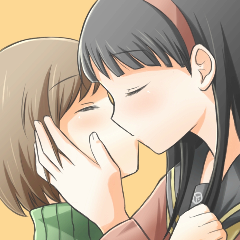 amagi_yukiko, black_hair, brown_hair, bust, closed_eyes, eyes_closed, hairband, hand_on_another's_face