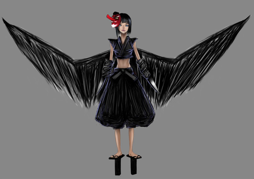 black_hair, demon, knife, mask, midriff, monster, original, short_hair