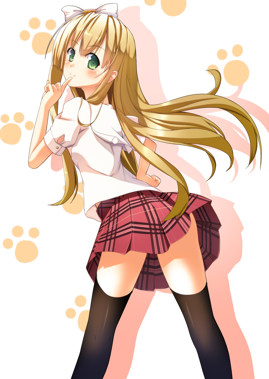 azuki_azusa, black_legwear, blonde_hair, blush, finger_to_mouth, green_eyes, hentai_ouji_to_warawanai_neko, highres, long_hair, looking_at_viewer, pastel-pastel, paw_print, simple_background, skirt, smile, solo, thigh-highs, thighhighs, white_background