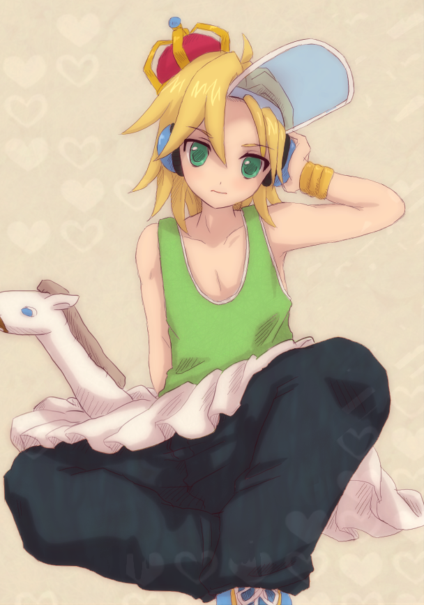 1boy, androgynous, baggy_pants, blonde_hair, bracelet, character_request, cosplay, crown