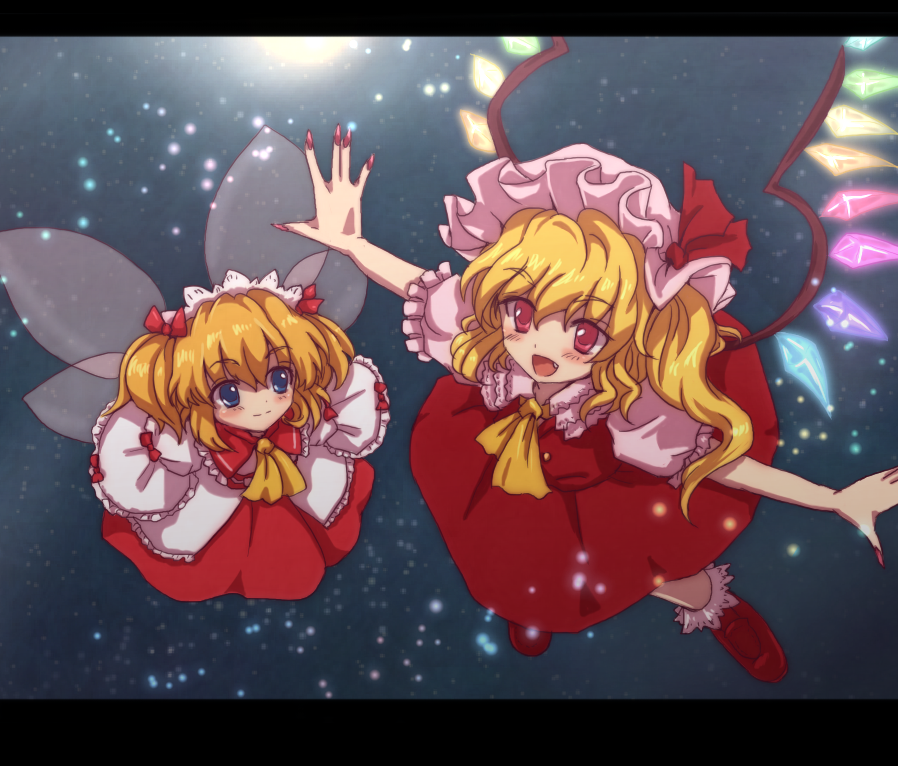2girls, ascot, blonde_hair, blue_eyes, claws, dress, fang, flandre_scarlet