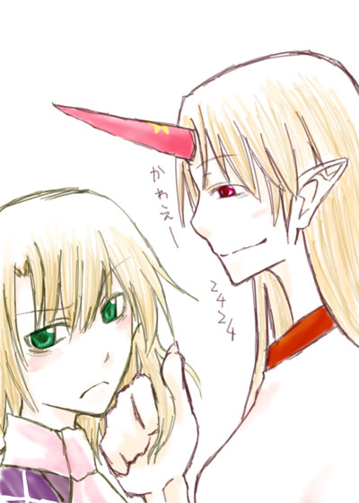 2girls, blonde_hair, blush, embarrassed, gai_(artist), green_eyes, hands, horns, hoshiguma_yuugi, long_hair, mizuhashi_parsee, pointy_ears, red_eyes, short_hair, smile, touching, touhou, translation_request, yuri