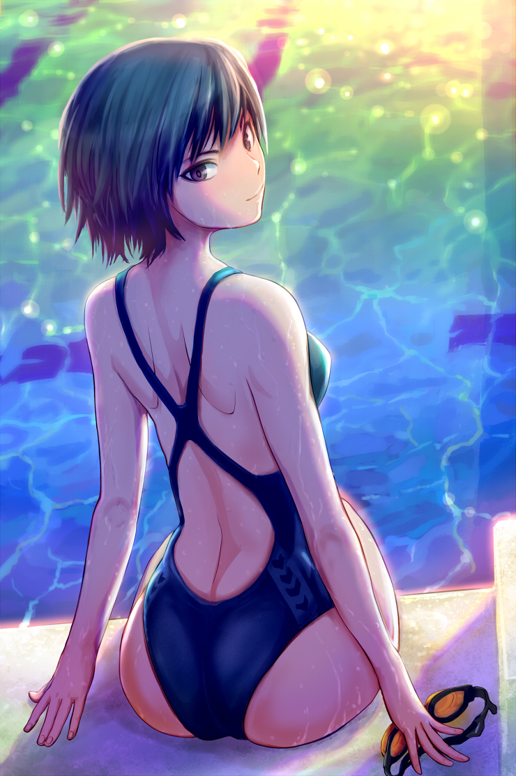 1girl, amagami, ass, black_hair, brown_eyes, competition_swimsuit, from_behind, goggles