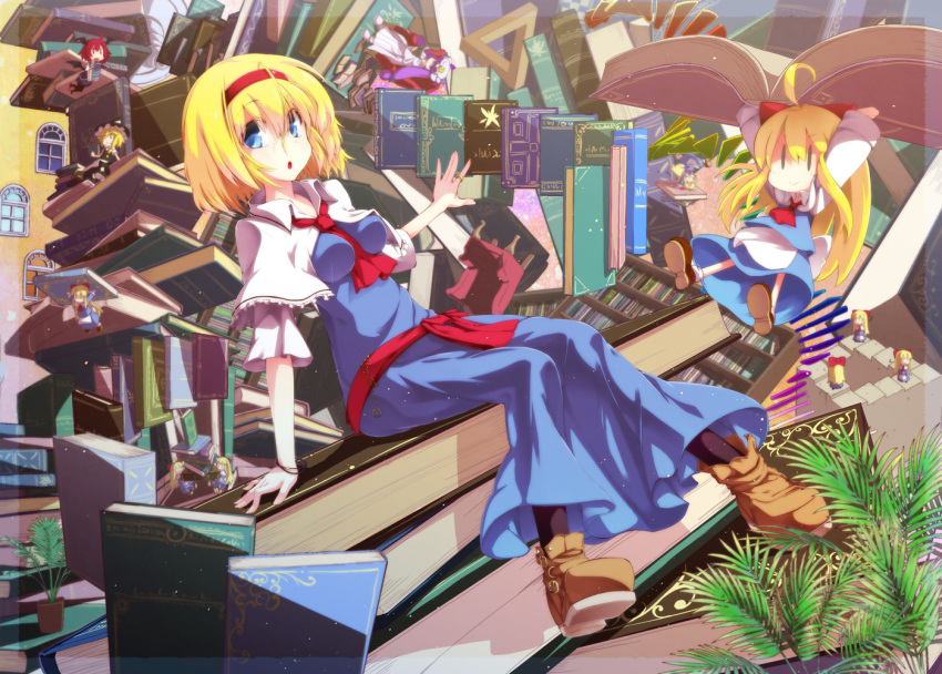 :o, ahoge, alice_margatroid, black_legwear, blonde_hair, blue_eyes, book, bookshelf