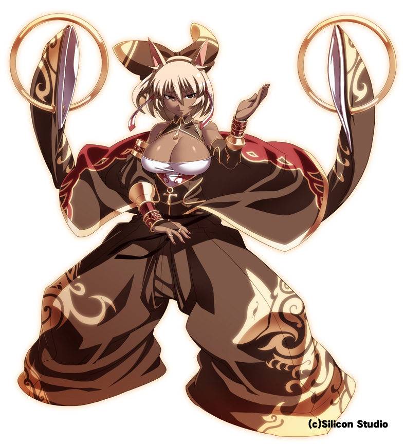 animal_ears, arm_up, bare_shoulders, blonde_hair, blue_eyes, bow, breasts, cleavage, copyright_request, dark_skin, detached_sleeves, fighting_stance, hair_bow, hair_ribbon, hairbad, hairband, jewelry, pant_leg_past_ankles, pants, ribbon, ring, short_hair, solo, tasaka_shinnosuke, wide_sleeves
