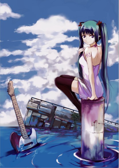 aqua_eyes, aqua_hair, darkdoor, dress, guitar, hatsune_miku, instrument, long_hair