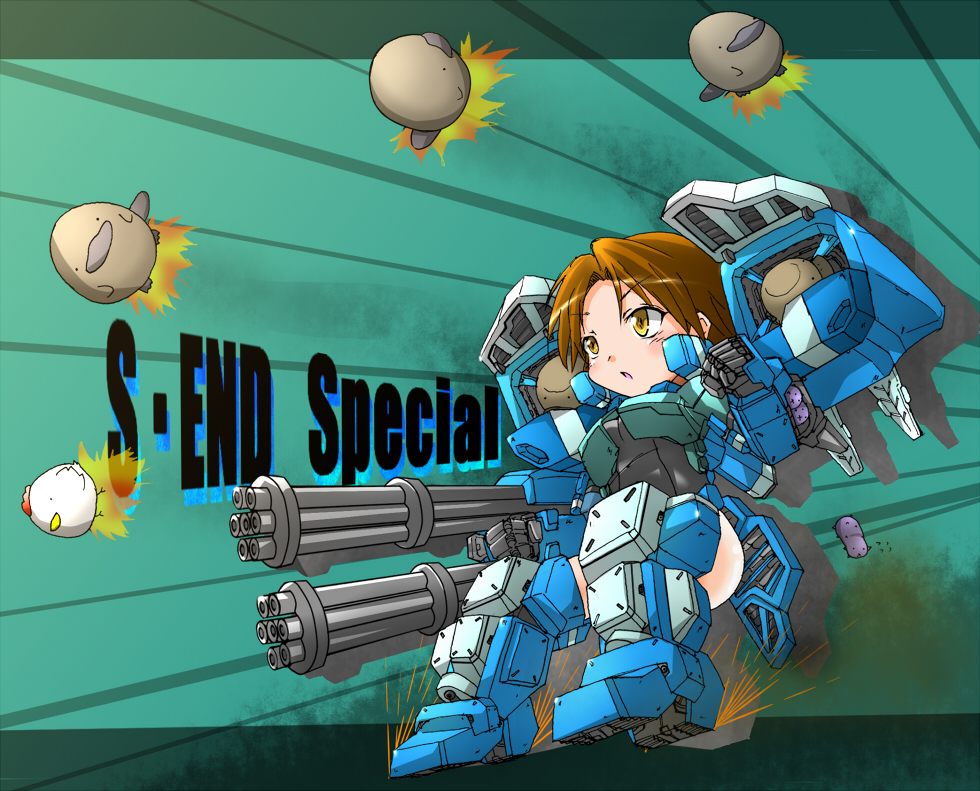 arm_cannon, bird, black_swimsuit, brown_eyes, brown_hair, chibi, chicken, cyber_angels_valforce