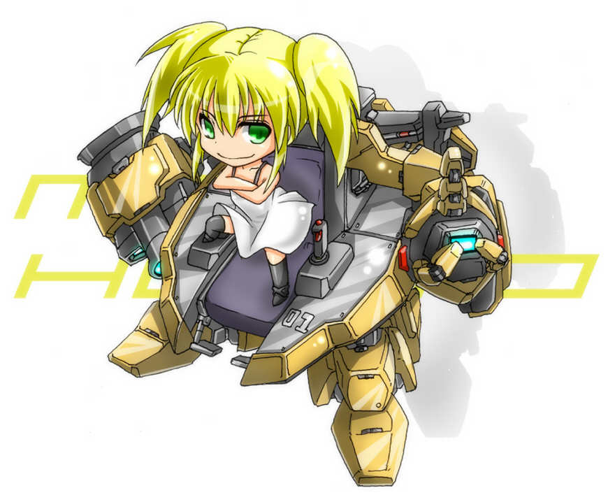 bare_shoulders, black_legwear, blonde_hair, character_name, chibi, crossed_arms, cyber_angels_valforce, densou_tenshi_valforce, dress, green_eyes, hokyou_mei, karukan_(monjya), long_hair, mecha, power_armor, solo, spaghetti_strap, thigh-highs, thighhighs, twintails, white_dress