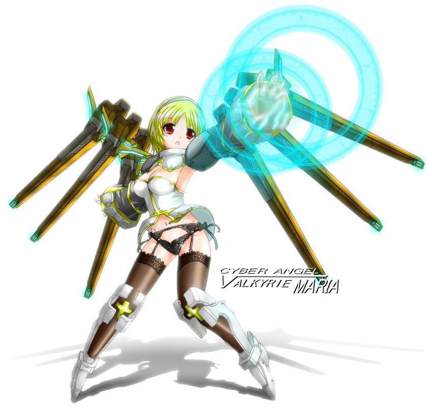 armpits, black_legwear, black_panties, blonde_hair, bob_cut, breasts, character_name, cleavage, cyber_angels_valforce, densou_tenshi_valforce, detached_collar, detached_sleeves, dress, frilled_legwear, frilled_panties, frills, funnels, garter_belt, garter_straps, hairband, highres, karukan_(monjya), mecha_musume, navel, neon_trim, outstretched_arms, panties, red_eyes, rikudo_maria, rikudou_maria, short_hair, sideboob, solo, strapless_dress, thigh-highs, thighhighs, tiptoes, title_drop, underwear, wide_sleeves
