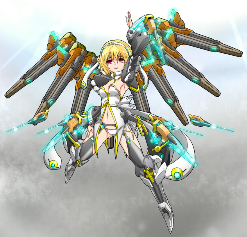 arm_up, armpits, black_legwear, blonde_hair, breasts, cyber_angels_valforce, densou_tenshi_valforce, detached_collar, detached_sleeves, dress, funnels, garter_belt, garter_straps, hairband, karukan_(monjya), mecha_musume, neon_trim, panties, red_eyes, rikudo_maria, rikudou_maria, short_hair, sideboob, smile, solo, strapless_dress, thigh-highs, thighhighs, underwear, white_panties