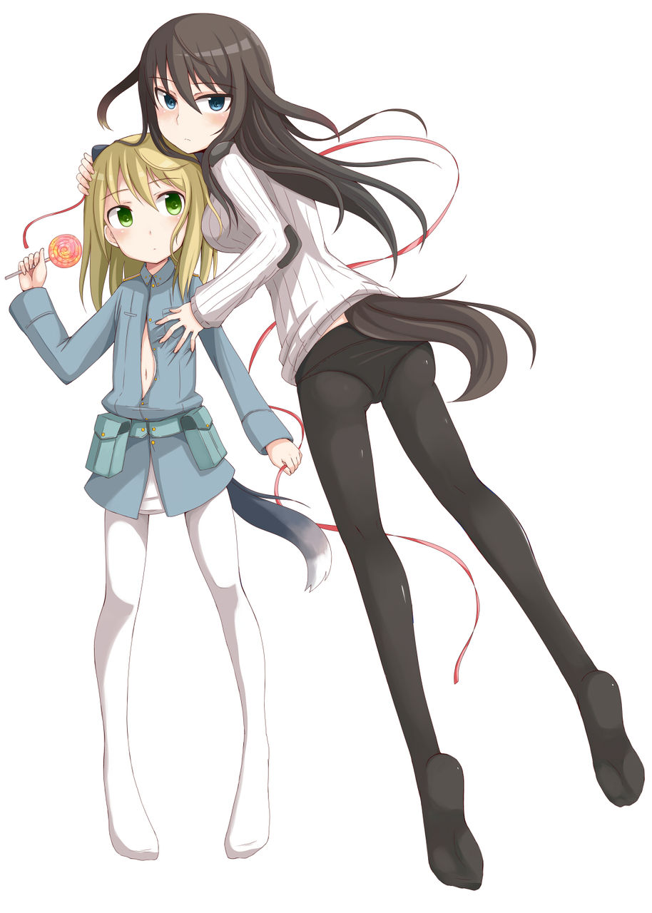 animal_ears, bag, black_hair, black_legwear, black_panties, blonde_hair, blue_eyes, candy