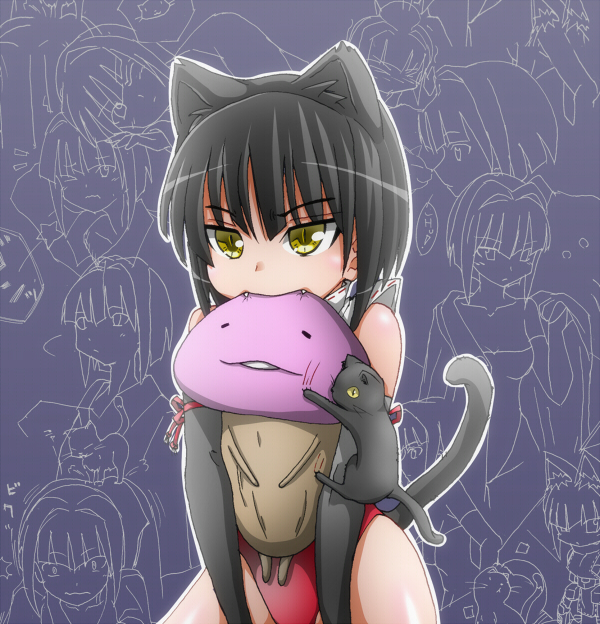 animal_ears, biting, black_cat, black_hair, bob_cut, cat, cat_ears, cat_tail, creature, cyber_angels_valforce, densou_tenshi_valforce, detached_sleeves, fangs, head_biting, ikaruga_setsuna, karukan_(monjya), kemonomimi_mode, leotard, short_hair, slit_pupils, solo, tail, yellow_eyes