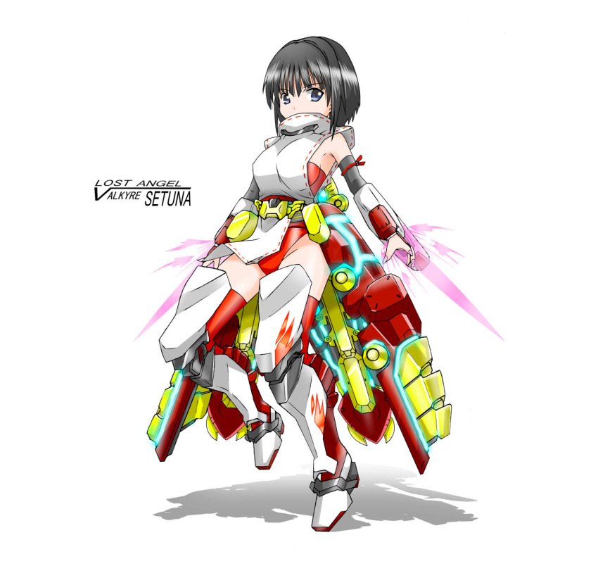 black_hair, blue_hair, bob_cut, breasts, character_name, cyber_angels_valforce, densou_tenshi_valforce, detached_sleeves, highres, ikaruga_setsuna, japanese_clothes, karukan_(monjya), leotard, mecha_musume, miko, nail_polish, red_legwear, short_hair, sideboob, solo, thigh-highs, thighhighs, thrusters