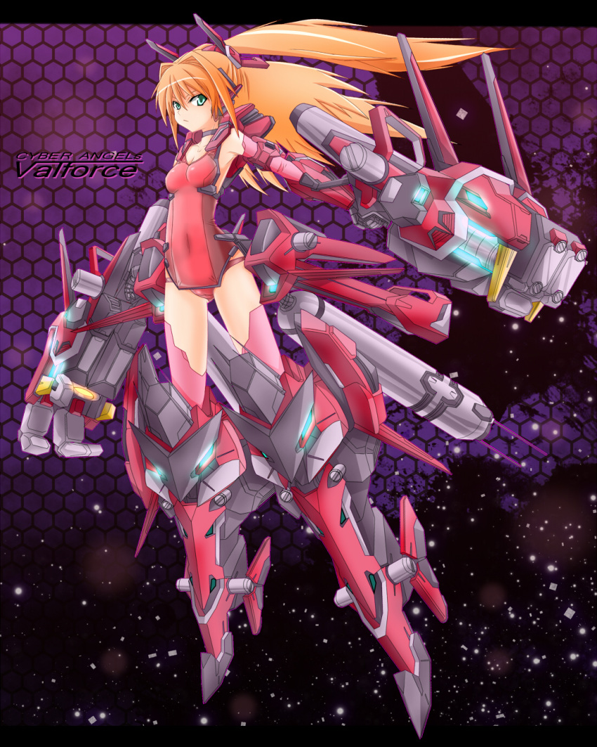 bare_shoulders, breasts, cyber_angels_valforce, densou_tenshi_valforce, green_eyes, hair_ornament, highres, karukan_(monjya)