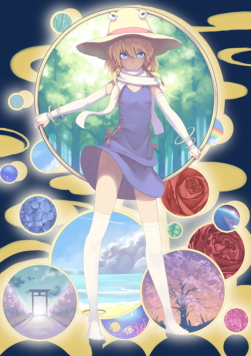 adapted_costume, angelfish, anklet, bamboo, blue_eyes, blue_sky, bracelet, bridal_gauntlets