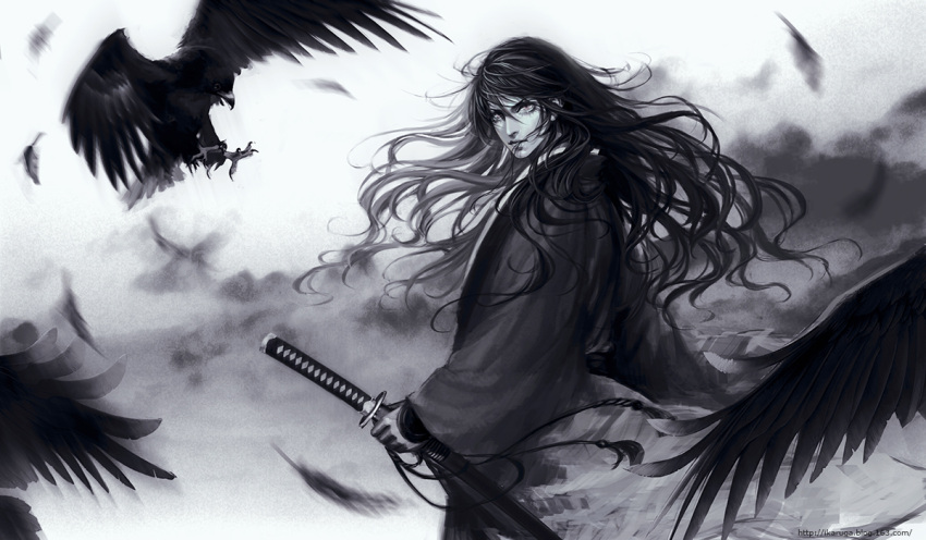 bird, black_hair, cloud, clouds, crow, feathers, jun_du, long_hair