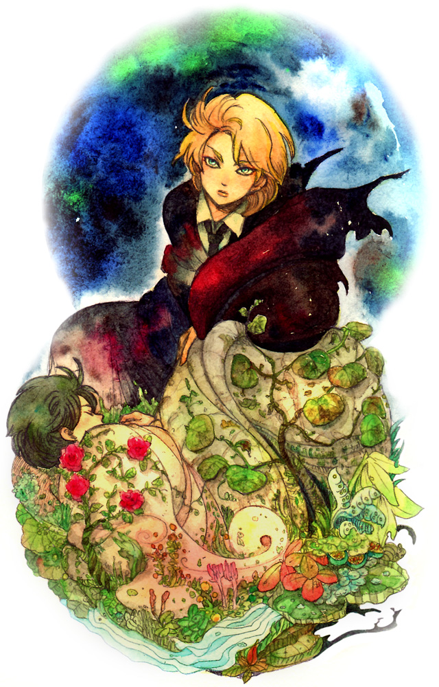 black_hair, blonde_hair, blue_eyes, flower, jojo_no_kimyou_na_bouken, jonathan_joestar, multiple_boys, nisabo