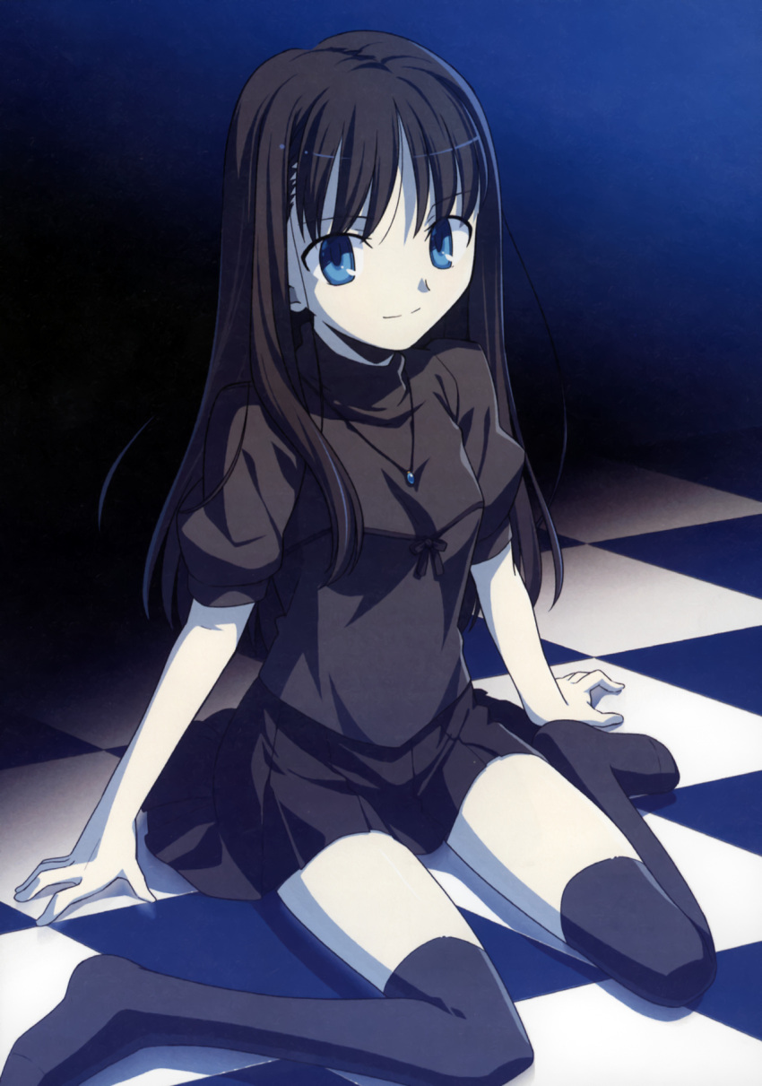 black_hair, black_legwear, blue_eyes, checkered, checkered_floor, highres, kara_no_kyoukai, long_hair