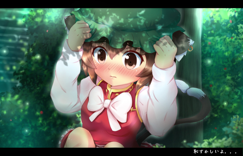 animal_ears, blush, bow, brown_eyes, brown_hair, cat_ears, cat_tail, chen